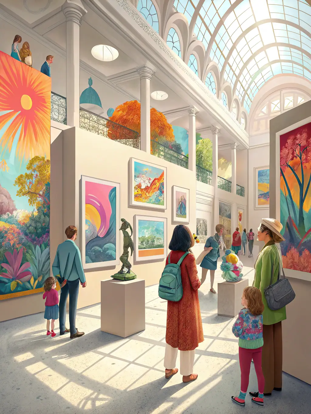 A visually appealing image of a community art exhibition organized by ARTINVEST, showcasing diverse artworks and attracting a large audience.