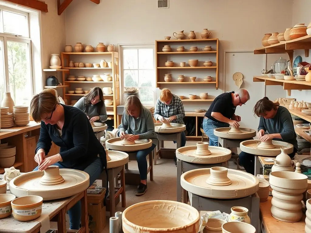 A group of diverse individuals participating in a pottery workshop, focused on learning new skills and expressing their creativity.