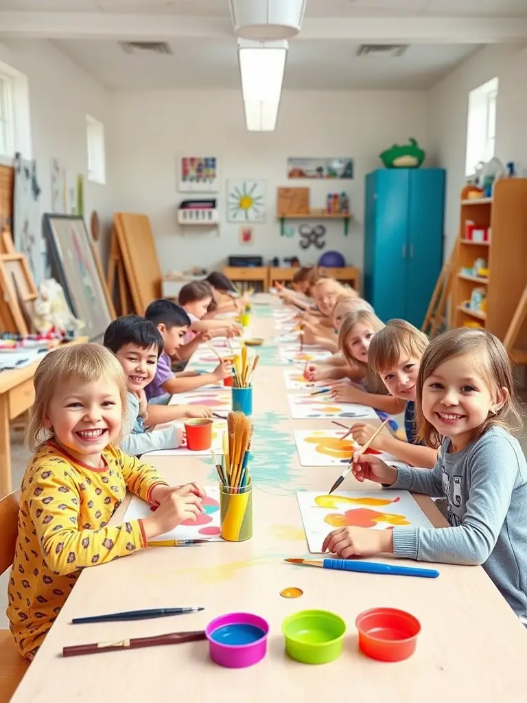 A vibrant photograph capturing a group of people participating in an ARTINVEST-sponsored art workshop, with participants actively engaged in painting and creative expression.
