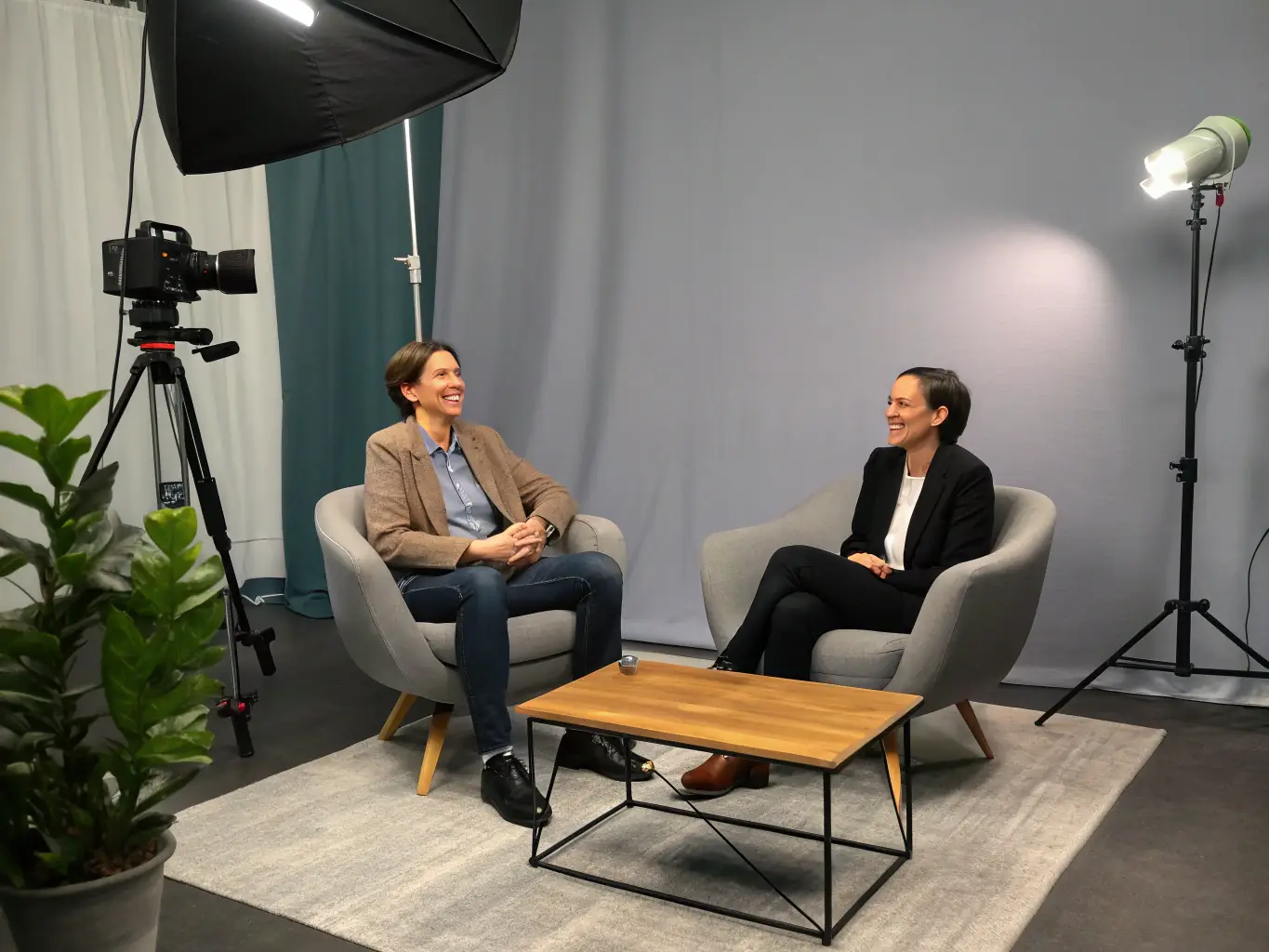 A podcast recording session in progress, with hosts discussing art-related topics and interviewing guest artists.