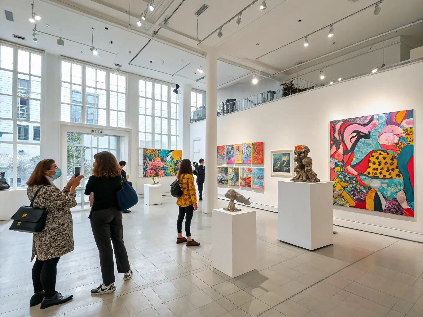 A vibrant scene from a contemporary art exhibition, showcasing various modern artworks and installations.