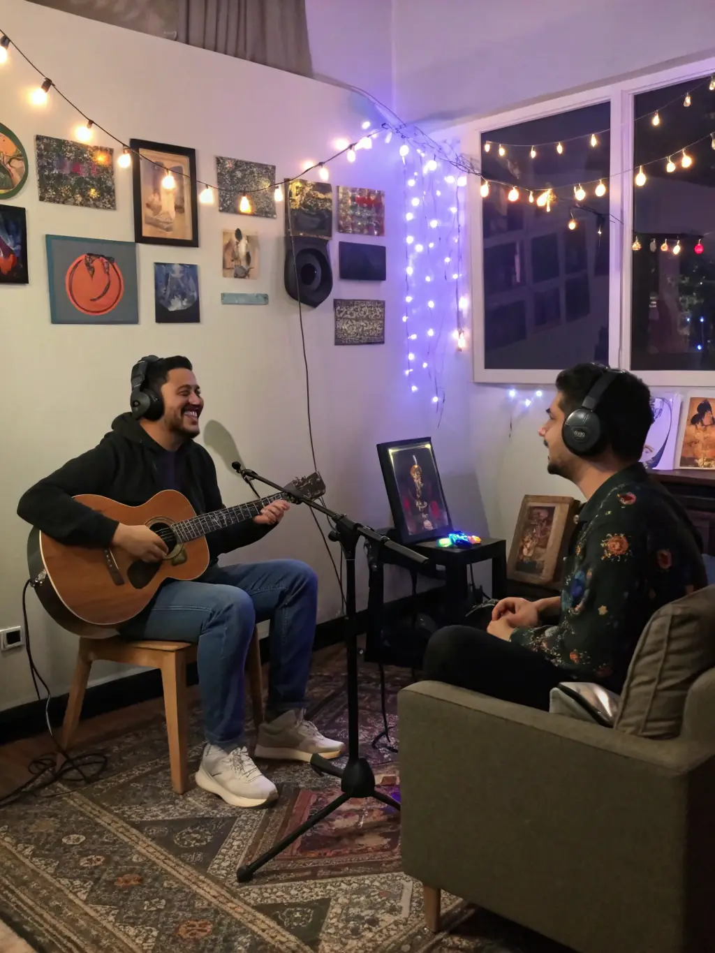 A captivating image of a live recording session of the ARTINVEST podcast, featuring the host interviewing a renowned artist in a studio setting.